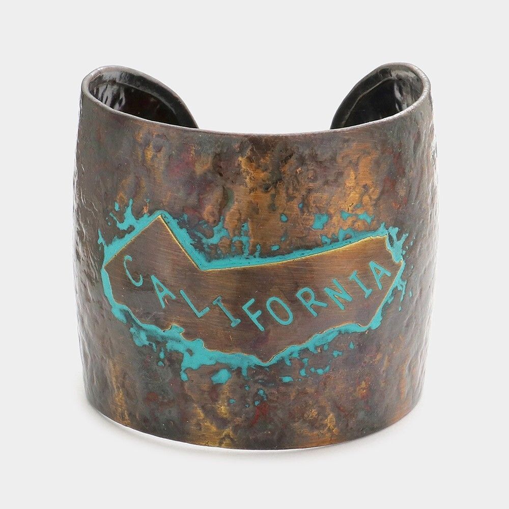 California State Map Hammered Wide Metal Cuff Bracelet Bold Statement Jewelry
